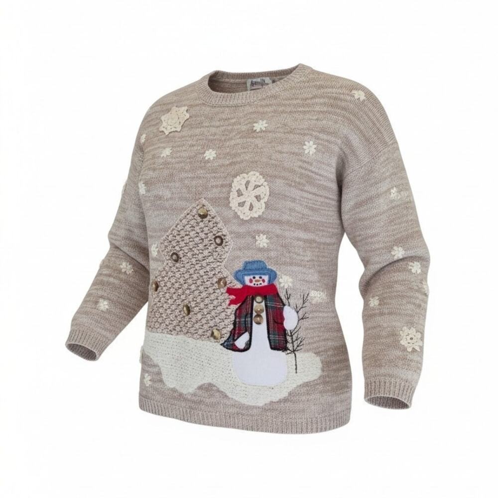 Vintage Ashely Hill Women's XL Tan Snowman Winter Scene Crewneck Sweater